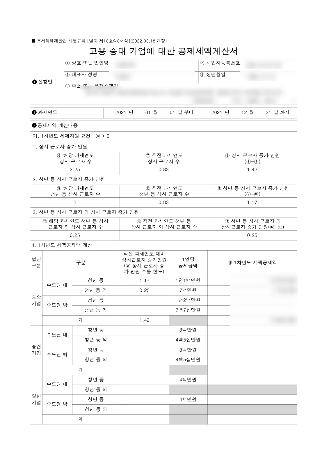 고용 증대 기업 공제세액계산서